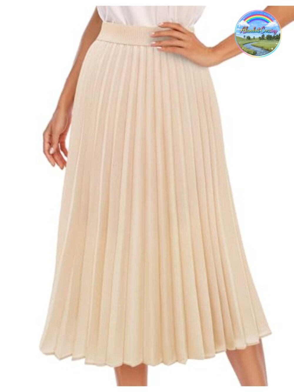 Pleated Midi A-Line Chiffon Skirt High Waisted Elastic Flowy Office